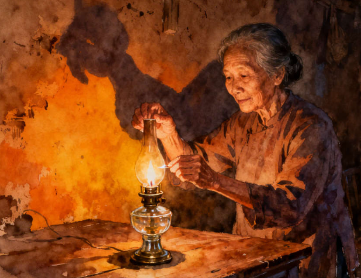 奶奶点亮文昌煤油灯