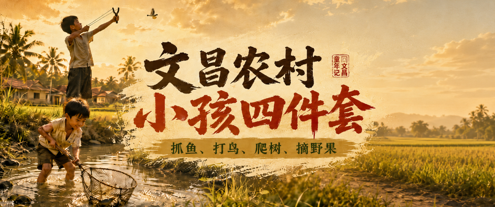 文昌农村小孩四件套:抓鱼、打鸟、爬树、摘野果